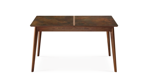 Table salle à manger 6 à 8 personnes en noyer et céramique avec bois teinte naturelle et plateau céramique brun oxydé 140x90 cm
