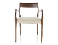 Chaise scandivave avec accoudoirs bois teinte marron foncé assise tissu camel