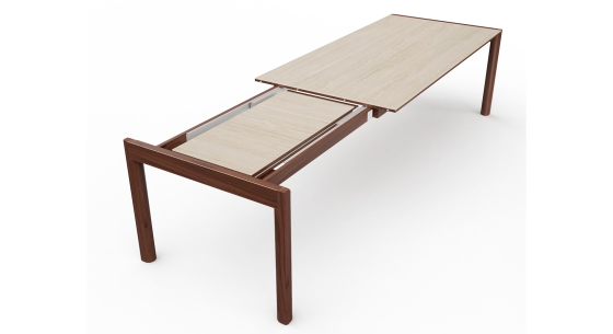 Table extensible 8 à 12 personnes en noyer et céramique allonges céramique bois teinte naturelle et céramique effet pierre travertin 160x100 cm