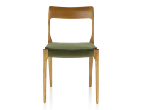 Chaise scandivave bois teinte merisier assise tissu vert olive
