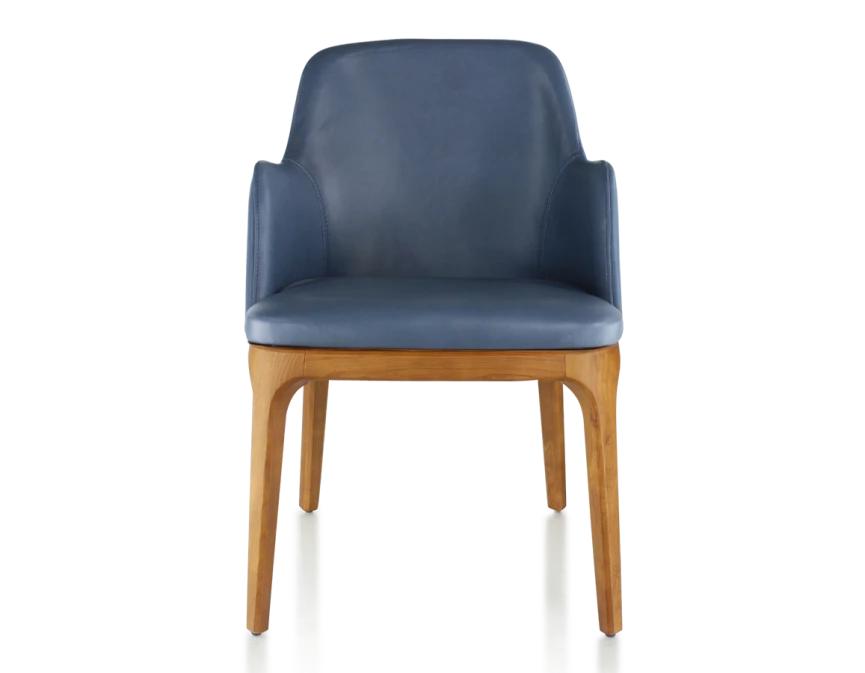 Chaise design avec accoudoirs bois teinte merisier et cuir bleu orage