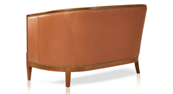 Antique 2 seater sofa with moulded armrests antique stained wood and chestnut leather