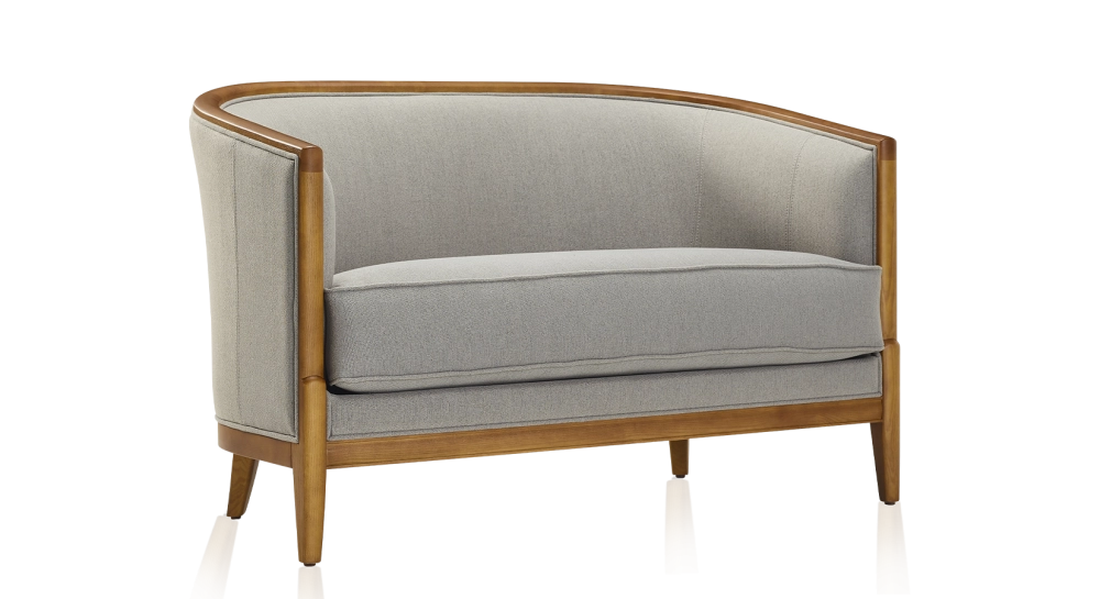 Canapé ancien 2 places bois teinte meriser et tissu gris clair Canapé ancien 2 places bois teinte meriser et tissu gris clair