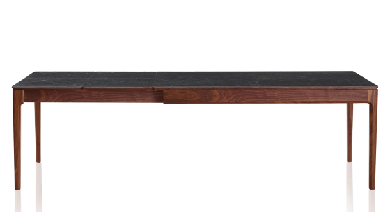 Table extensible 8 à 12 personnes en noyer et céramique allonges céramique avec bois teinte naturelle et plateau et allonges céramique effet ardoise 180x100 cm