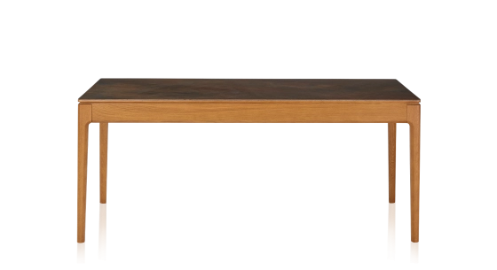 Table salle à manger en chêne et céramique 8 personnes avec bois teinte merisier et plateau céramique brun oxydé 180x90 cm