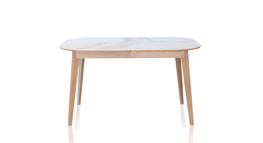 Table extensible en chêne naturel et céramique effet marbre blanc 140x100 cm allonges chêne