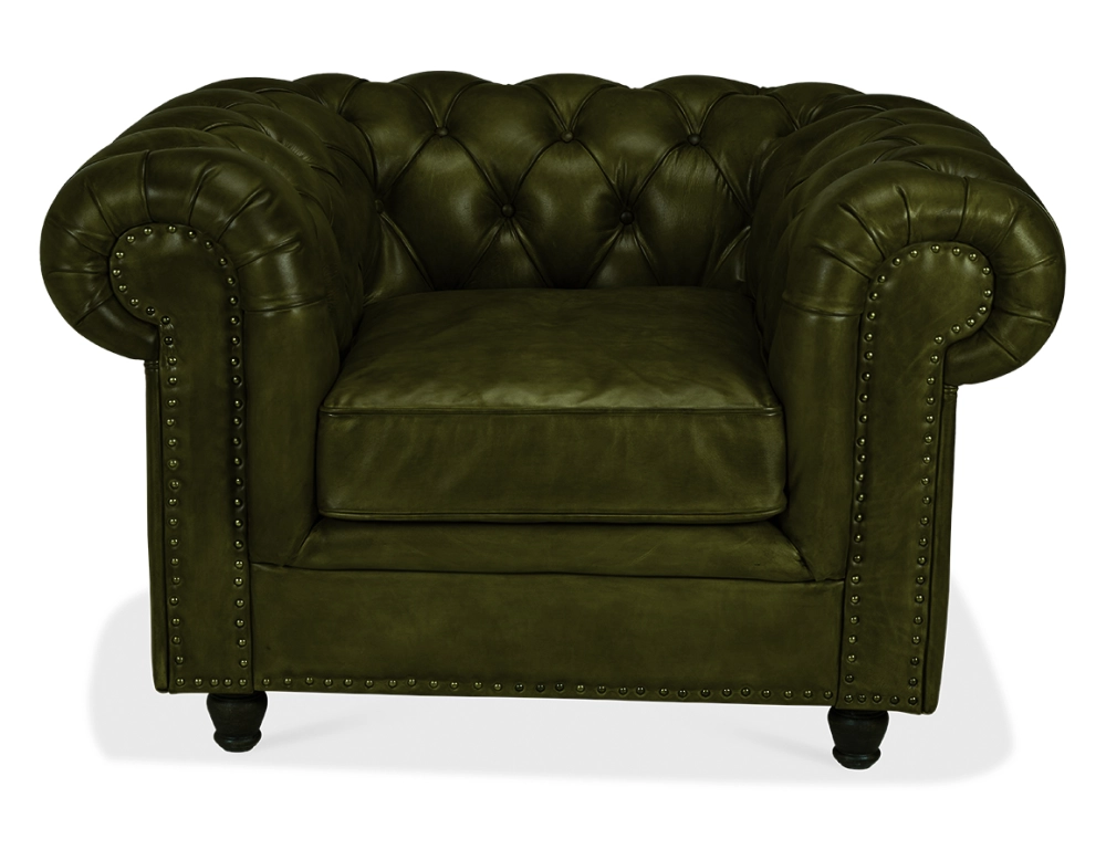 Fauteuil chesterfield cuir vert olive accoudoirs cloutés Fauteuil chesterfield cuir vert olive accoudoirs cloutés