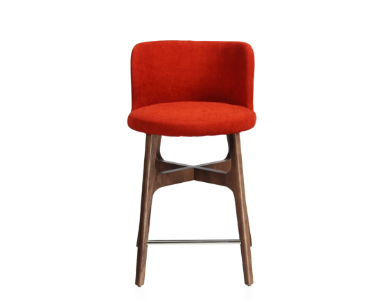 Tabouret de bar h60 cm bois teinte marron foncé assise tissu orange brulé