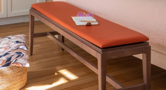 Designer bench wood stained walnut, poppy red leather seat, L120 cm