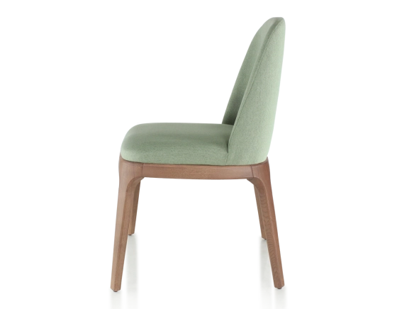 Designer chair walnut-stained wood and sage green fabric