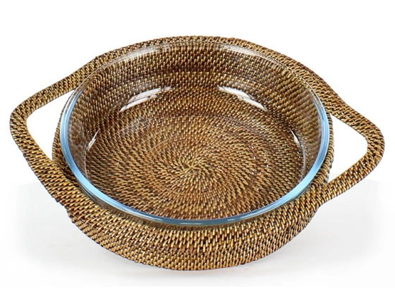 Plat pyrex rond avec support en fleur de rotin