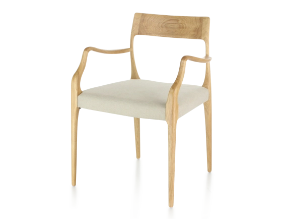 Scandinavian armchair with armrests natural wood stain camel fabric seat