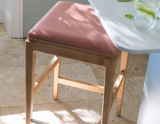 H60 cm designer bar stool natural wood stain coral pink fabric seat