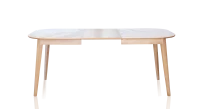 Table extensible 8 à 12 personnes en chêne et céramique allonges bois avec bois teinte naturelle et plateau céramique effet marbre blanc 180x100 cm