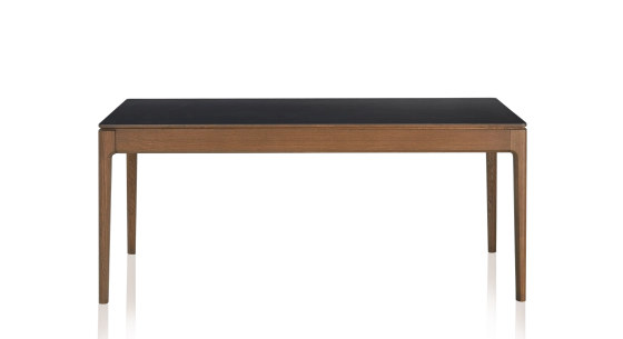 Table salle à manger en chêne et céramique 6 personnes avec bois teinte noyer et plateau céramique noir unie 140x100 cm