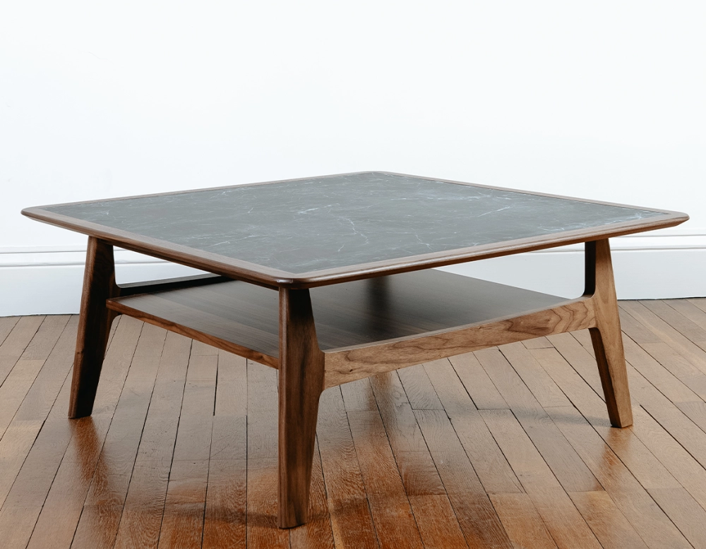 Table basse carré en noyer et céramique bois teinte naturelle plateau céramique effet ardoise 100x100 cm Table basse carré en noyer et céramique bois teinte naturelle plateau céramique effet ardoise 100x100 cm