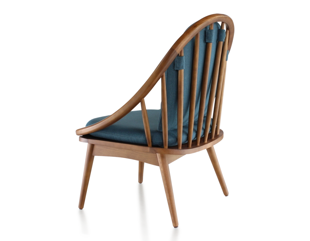 Fauteuil scandinave bois teinte merisier et tissu bleu océan Fauteuil scandinave bois teinte merisier et tissu bleu océan