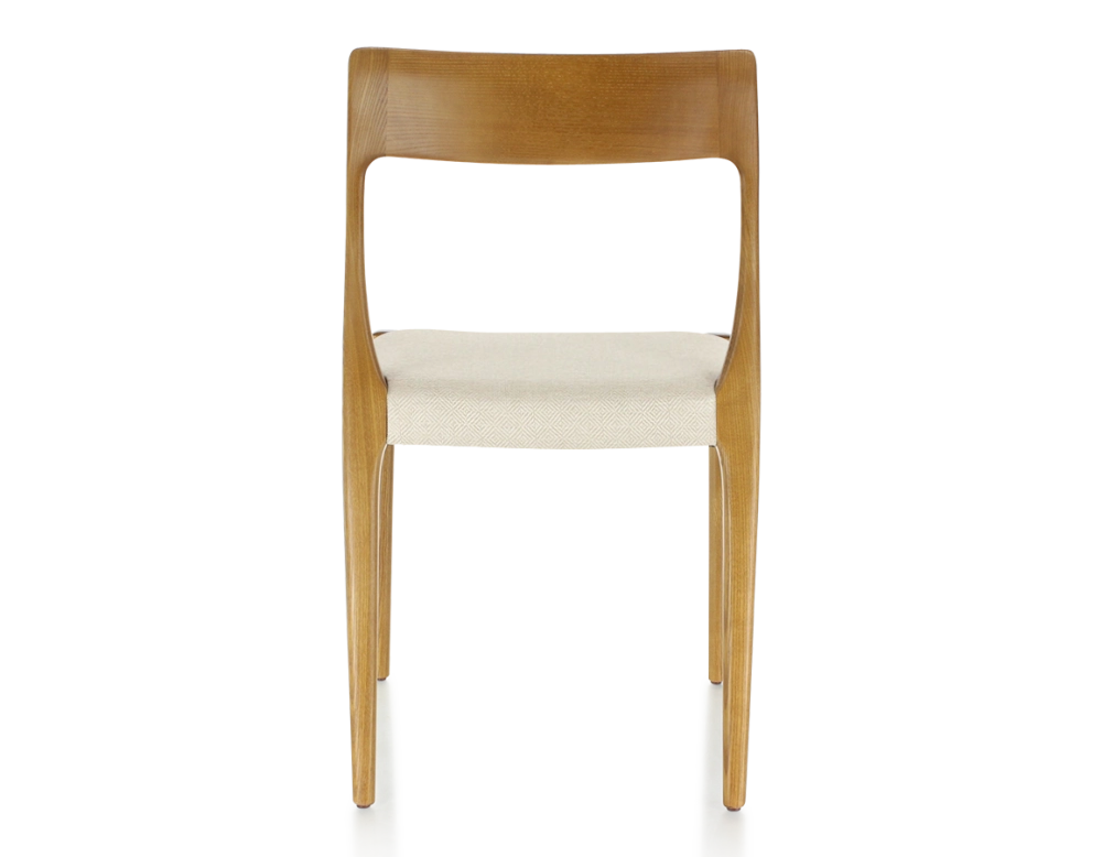Scandinavian chair cherry-stained wood, beige chevron fabric seat Scandinavian chair cherry-stained wood, beige chevron fabric seat
