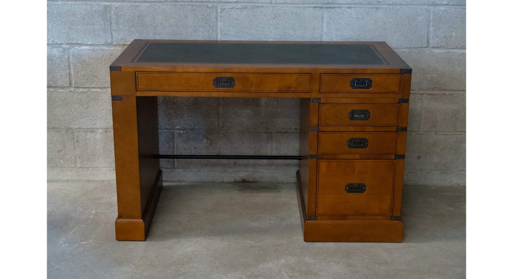Navy desk in wood and leather bois teinte merisier et cuir vert