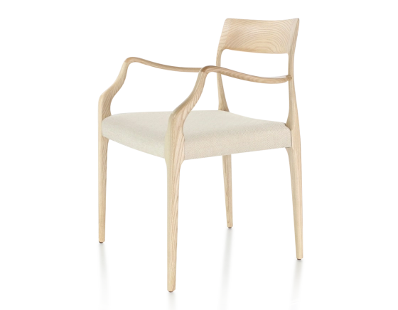 Chaise scandinave avec accoudoirs bois teinte naturelle assise tissu chevron beige