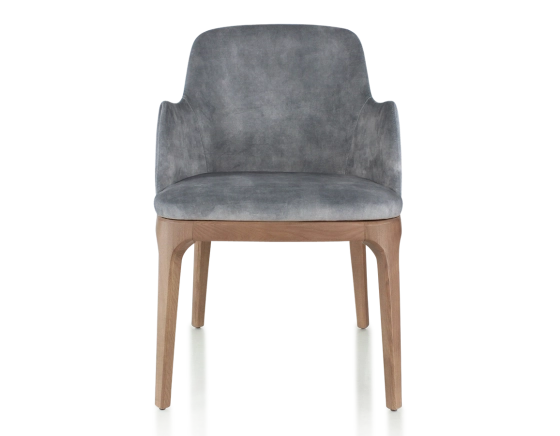 Chaise design avec accoudoirs bois teinte noyer et tissu velours gris