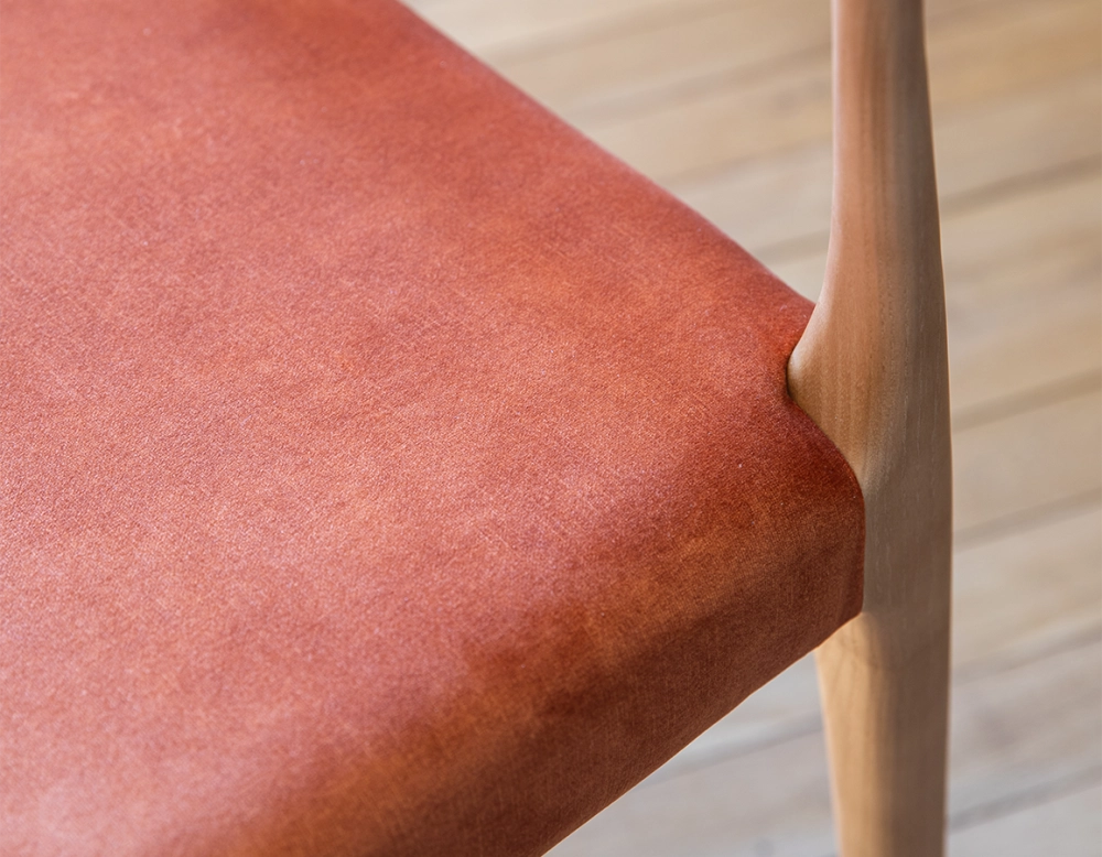 Scandinavian chair natural wood stain, terracotta velvet fabric seat Scandinavian chair natural wood stain, terracotta velvet fabric seat