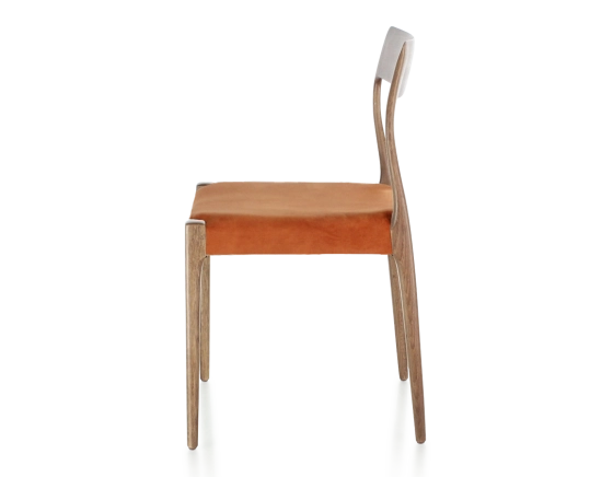 Scandinavian chair walnut-stained wood, terracotta velvet seat