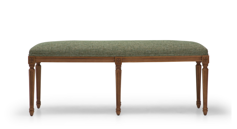 Banquette ancienne style Louis XVI bois teinte ancienne et tissu chiné vert Banquette ancienne style Louis XVI bois teinte ancienne et tissu chiné vert