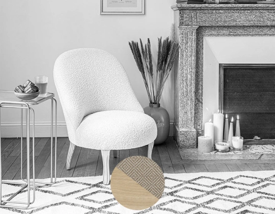 Fauteuil crapaud sans accoudoirs pieds bois teinte naturelle et tissu chevron beige