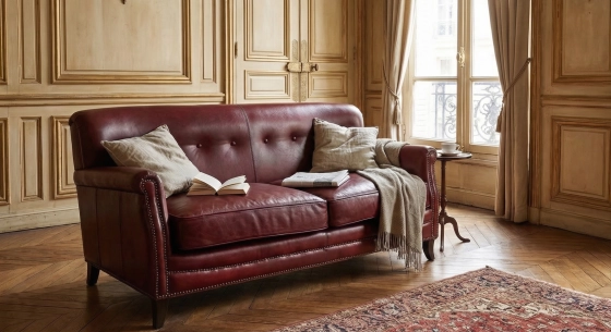 Canapé club cuir 2 places rouge carmin accoudoirs cloutés