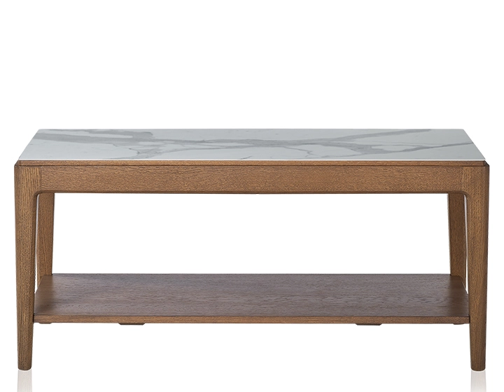 Rectangular coffee table in oak and ceramic with shelf in walnut-stained wood, white marble-effect ceramic top 100x50 cm Rectangular coffee table in oak and ceramic with shelf in walnut-stained wood, white marble-effect ceramic top 100x50 cm