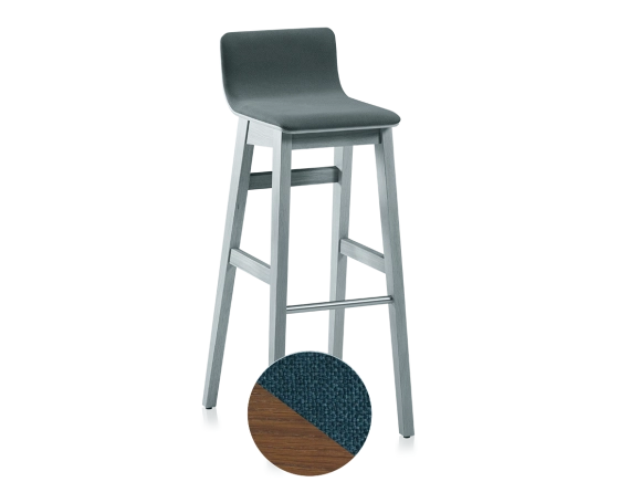 Tabouret de bar en chêne H80 cm bois teinte noyer assise tissu bleu océan