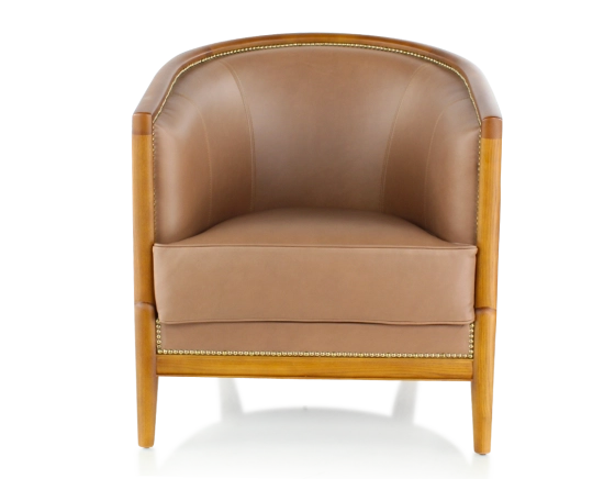 Fauteuil ancien teinte merisier et cuir noisette