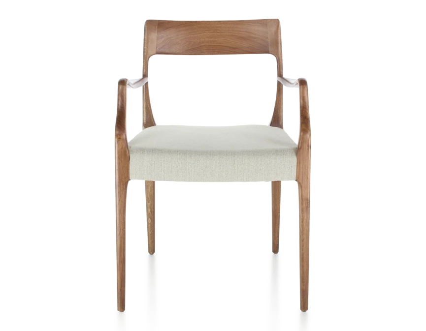 Chaise scandivave avec accoudoirs bois teinte noyer assise tissu beige naturel