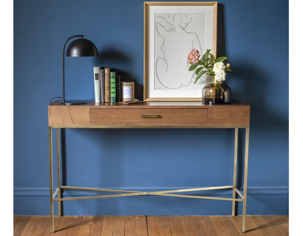 Console design frêne teinte noyer et métal patine laiton 100 cm Console design frêne teinte noyer et métal patine laiton 100 cm