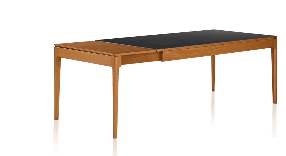 Table extensible 6 à 10 personnes en chêne et céramique allonges bois avec bois teinte merisier et plateau céramique noir unie 160x90 cm Table extensible 6 à 10 personnes en chêne et céramique allonges bois avec bois teinte merisier et plateau céramique noir unie 160x90 cm