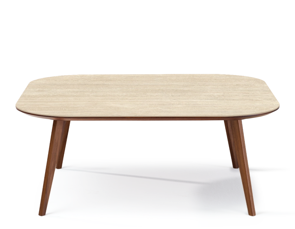 Table basse carré aux angles arrondis F2 en noyer et céramique bois teinte naturelle plateau céramique effet pierre travertin 110x110x40 cm