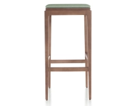 H80 cm designer bar stool walnut-stained wood, sage green fabric seat H80 cm designer bar stool walnut-stained wood, sage green fabric seat