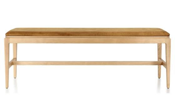 Banc design bois teinte naturelle assise tissu velours bronze L140 cm