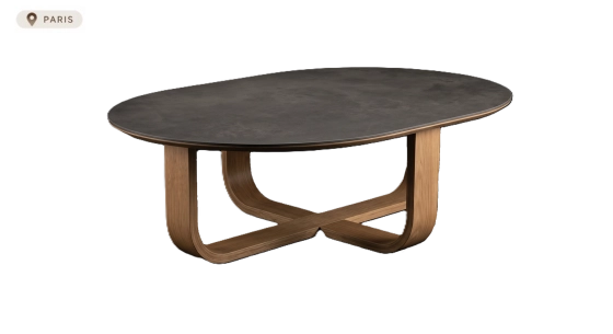 Table basse ovale en chêne et céramique avec bois teinte vintage plateau céramique effet brun oxydé 120x80 cm