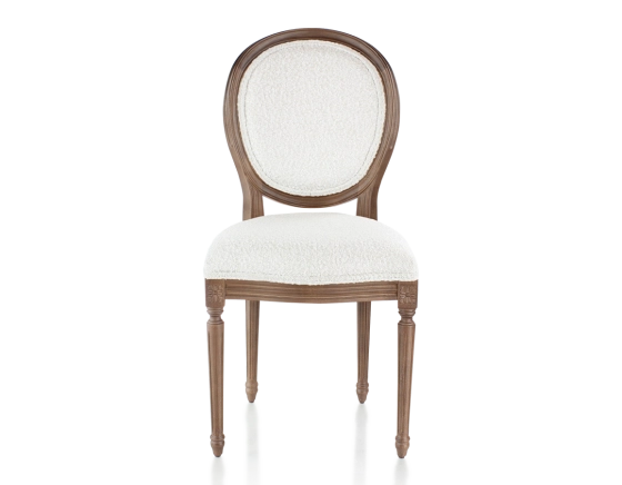 Antique Louis XVI style chair dark brown stained wood and white bouclé fabric