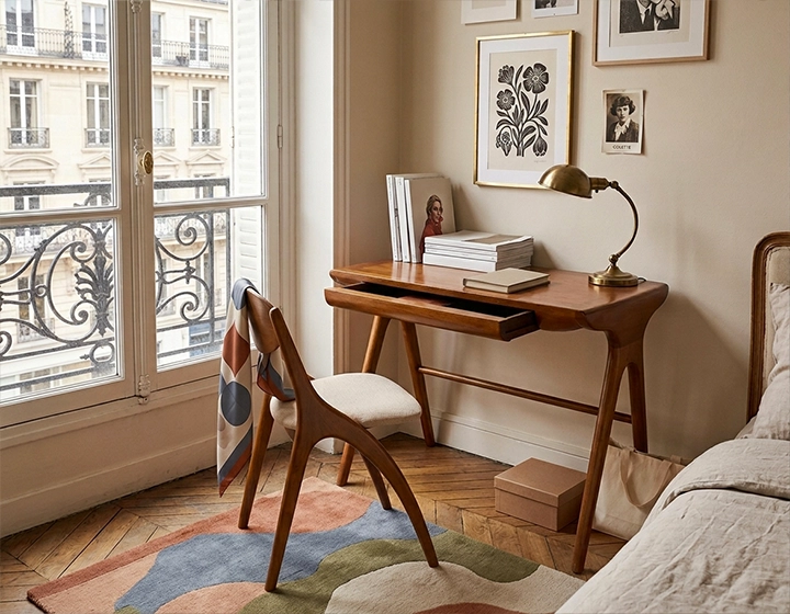 Scandinavian chair cherry-stained wood and beige fabric