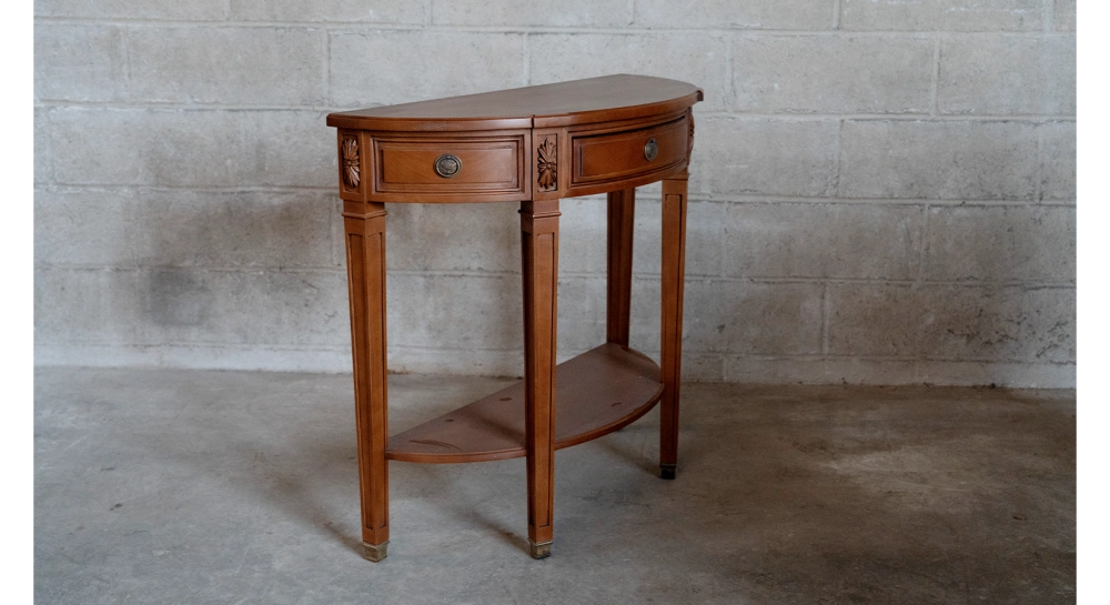 Consola antigua de media luna estilo directorio madera tinte antigua con acabado anticuario avanzado