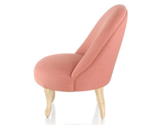 Fauteuil crapaud sans accoudoirs pieds bois teinte naturelle et tissu rose corail
