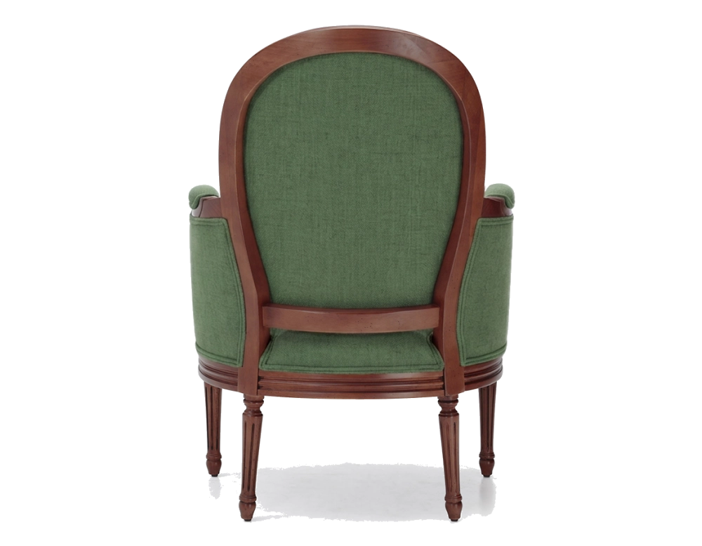 Fauteuil bergère mouluré style Louis XVI bois teinte ancienne et tissu vert foncé