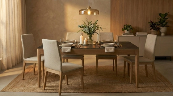 Table salle à manger en chêne et céramique 6 personnes avec bois teinte naturelle et plateau céramique effet marbre noir 160x100 cm