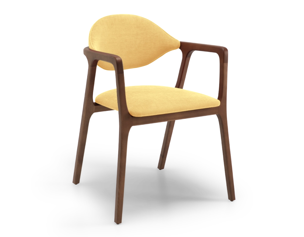 Designer armchair dark brown stained wood and yellow fabric Designer armchair dark brown stained wood and yellow fabric