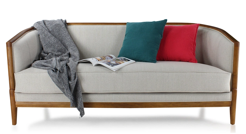 Canapé ancien 3 places bois teinte merisier et tissu beige naturel Canapé ancien 3 places bois teinte merisier et tissu beige naturel