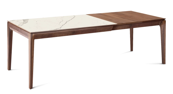 Extending table for 8 to 12 people in walnut and ceramic with wooden extensions with natural stained wood and white marble effect ceramic top 160x100 cm