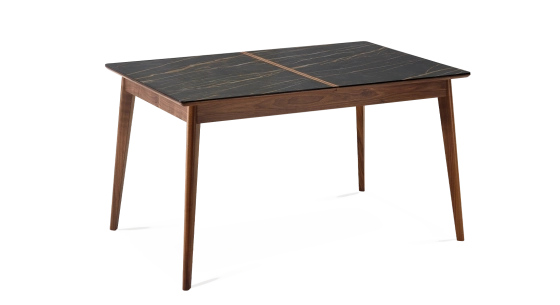 Table extensible 8 à 12 personnes en noyer et céramique allonges bois avec bois teinte naturelle et plateau céramique effet marbre noir 160x100 cm